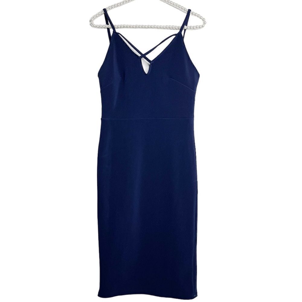 Oh My Love Ribbed Criss Cross Bodycon Tight Dress Navy Blue Size Large
